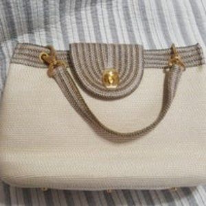 Eric Javits Beige Gold Silver Black Handbag Purse Hand Bag